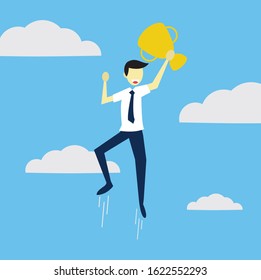 Illustration of Businessman Flying on The Sky by Holding a Trophy