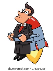 Illustration of the businessman flying up to success by jet pack