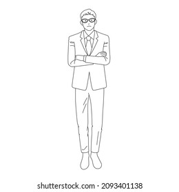 Illustration Of A Businessman With Folded Arms(white Background, Vector, Cut Out, Line Art)