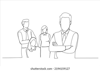 Illustration of businessman in formal wear and with crossed arms standing in office. In background his team posing. One line style art
