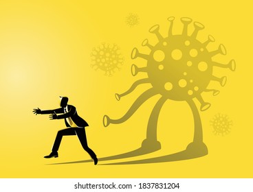 An illustration of a businessman frightened by his own shadow resembling corona virus