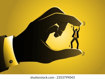 An illustration of a businessman getting pushed down within two fingers