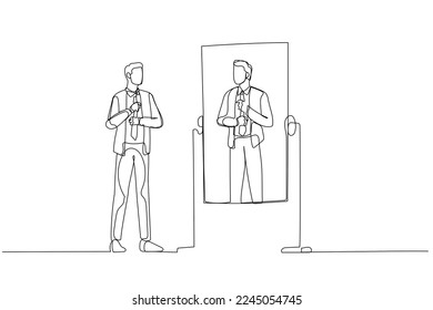 Illustration of businessman getting ready to work looking into mirror. Single line art style