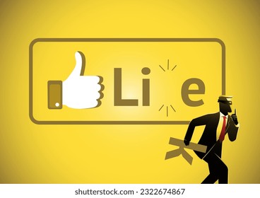 An illustration of a businessman gives fake news thumbs up to the lies