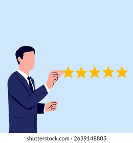 illustration of businessman giving a five-star rating. Ideal for customer feedback, quality review, rating systems, and service evaluation