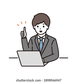 Illustration of a businessman giving a good sign in front of a laptop