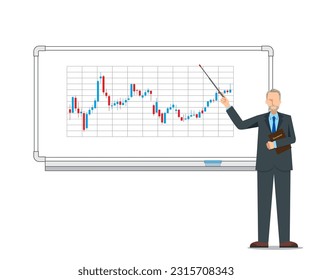 Illustration of a businessman giving a presentation in front of a whiteboard. stock chart.