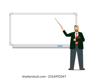 Illustration of a businessman giving a presentation in front of a whiteboard.
