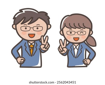 Illustration of a businessman with glasses making a peace sign with a smile