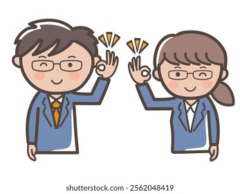 Illustration of a businessman with glasses, a man and a woman, winking and giving an OK sign