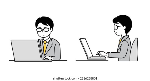 Illustration of a businessman in glasses operating a laptop.