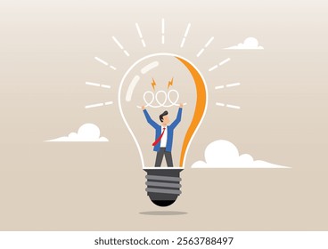 An illustration of businessman go inside light bulb to fix or invent new idea light up bright. Entrepreneurship, curiosity and creativity to create new idea, problem solving concept