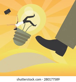 Illustration of a businessman with a great idea getting fired by a giant to a desert. The grunge texture is removable from the background.