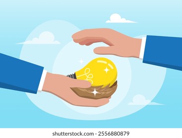 An illustration of businessman hand cover incubate startup lightbulb idea in bird nest. Startup incubator, funding business since early bird or beginning, venture capital concept