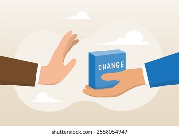 An illustration of businessman hand denied or refuse to get change cube box. Status quo bias, fear or refuse to change, afraid of changing risk or resist to make decision concept