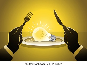 An illustration of businessman hand hold Fork and knife ready to eat a light bulb served on plate - business concept