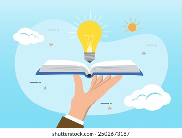 An illustration of businessman hand hold open book to discover lightbulb idea. Knowledge or education, study or learning new skill, creativity, idea. wisdom concept