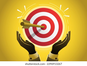 An illustration of businessman hand hold target. Goal or target, aiming at target bullseye, accuracy, challenge