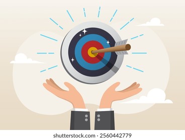 An illustration of businessman hand hold target with arrow hit bullseye. Goal or target, purpose or objective, aiming at target bullseye, accuracy, challenge and aspiration