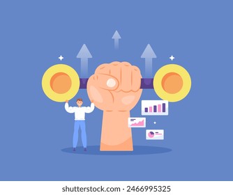 Illustration of a businessman and a hand holding coin dumbbells. strong economic or financial conditions. The value of stocks or currencies continues to strengthen. illustration concept design. graph