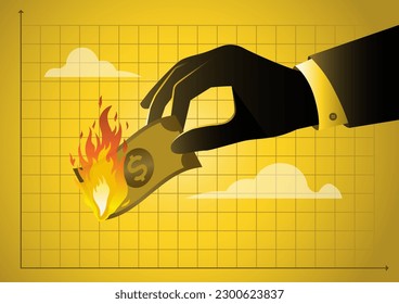 An illustration of businessman hand holding Dollar paper getting burned by fire. De-dollarization concept 