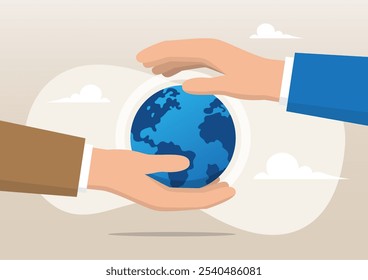 An illustration of businessman hand holding planet earth with care and other hand cover for protection. Save the world, peace or ecology, world care and support concept