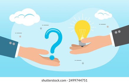 An illustration of businessman hand holding question mark with other reply with lightbulb. Question and answer, solving problem or business solution, FAQ concept