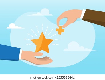 An illustration of businessman hand holding star value and another added plus sign to it. Value added, additional advantage or development for more benefit concept