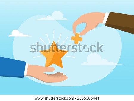 An illustration of businessman hand holding star value and another added plus sign to it. Value added, additional advantage or development for more benefit concept