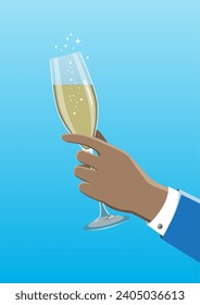An illustration of businessman hand holding a wine glass, toast, celebration, congratulations concept