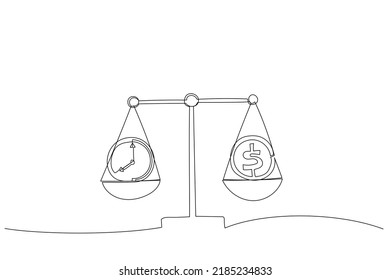 Illustration of businessman hand holds white mechanical scales with dollar coin and clock in pans. One continuous line art style
