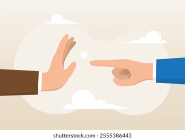 An illustration of businessman hand one pointing at other and another one with stop gesture. Management skill to stop or compromise disagreement conflict, argument or negotiation concept