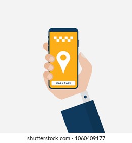 Illustration of a Businessman Hand Ordering a Taxi Using Mobile Phone. Flat Vector for Business, Web banners