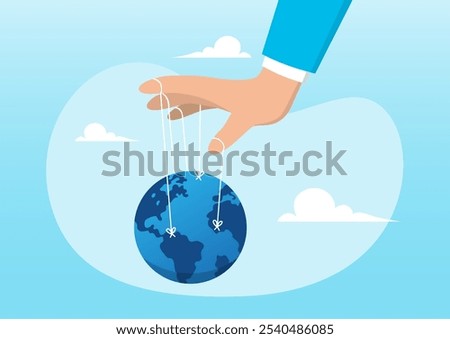 An illustration of businessman hand with puppet string to control the world. World domination power to manipulate or control economy, conspiracy theory concept
