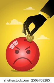 An illustration of a businessman hand put coin on wicked emoji. Negative reviews, bad reputation, low ratings. Business concept