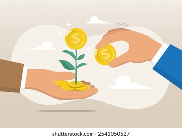 Una ilustración de la mano del hombre de negocios puso monedas de dinero en el cultivo de plántulas de dinero. Crecimiento de la inversión, inversión para el crecimiento financiero independiente o el concepto de stock, ahorro o beneficio