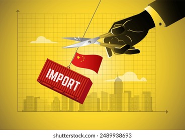 An illustration of businessman hand with scissors cutting import cargo container. Trade war concept