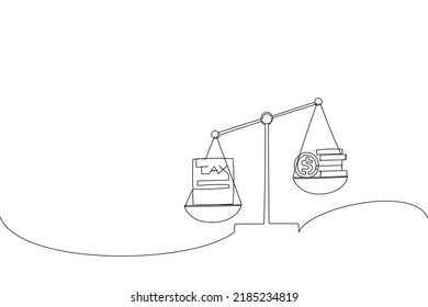 Illustration Of Businessman Hand Use Coins. Scales Imbalance With Metal Tax Weight Ball And Cash Money Concept. One Line Art Style
