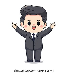 Illustration of a businessman with hands up Cute kawaii chibi character design