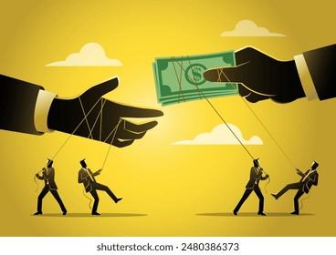 An illustration of businessman hands giving and taking money bribe doing corruption. Giving money illegally or unethically, bribery concept.