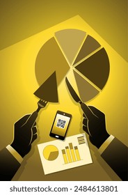 An illustration of businessman hands with knife and fork cut chart pie peace on a plate. Business concept
