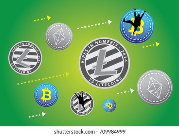 An Illustration of businessman hanging on crypto currency sign