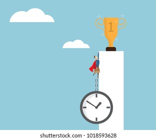 illustration of businessman hanging on pillar of success with clock, business success with time cartoon vector