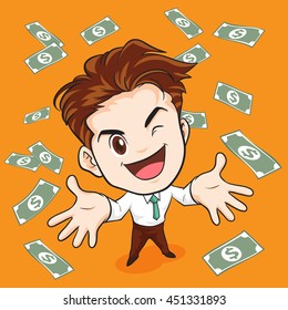 Illustration of businessman too happy have money symbol in background. Business concept of leader has vision and leading his team to success.