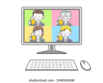 Illustration of a businessman having a drinking party online.