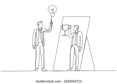 Illustration of businessman having ide lightbulb looking into mirror have reflection holding award trophy. Single line art style