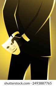 An illustration of a businessman hide the white mask in the hand behind his back on yellow background. Betrayal metaphor concept