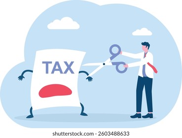 Illustration of businessman holding big scissors about to cut tax paper

