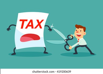 Illustration of businessman holding big scissors about to cut tax paper