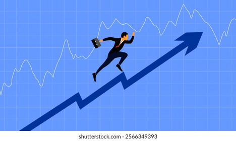 illustration of a businessman holding a briefcase and energetically running upward along a blue arrow. The arrow represents growth or success, positioned against background of a financial chart.